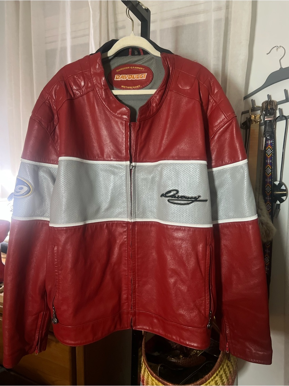 Vintage Davoucci Red Leather Y2K Jacket Racing Jacket w/ White Stripe | 6XL
